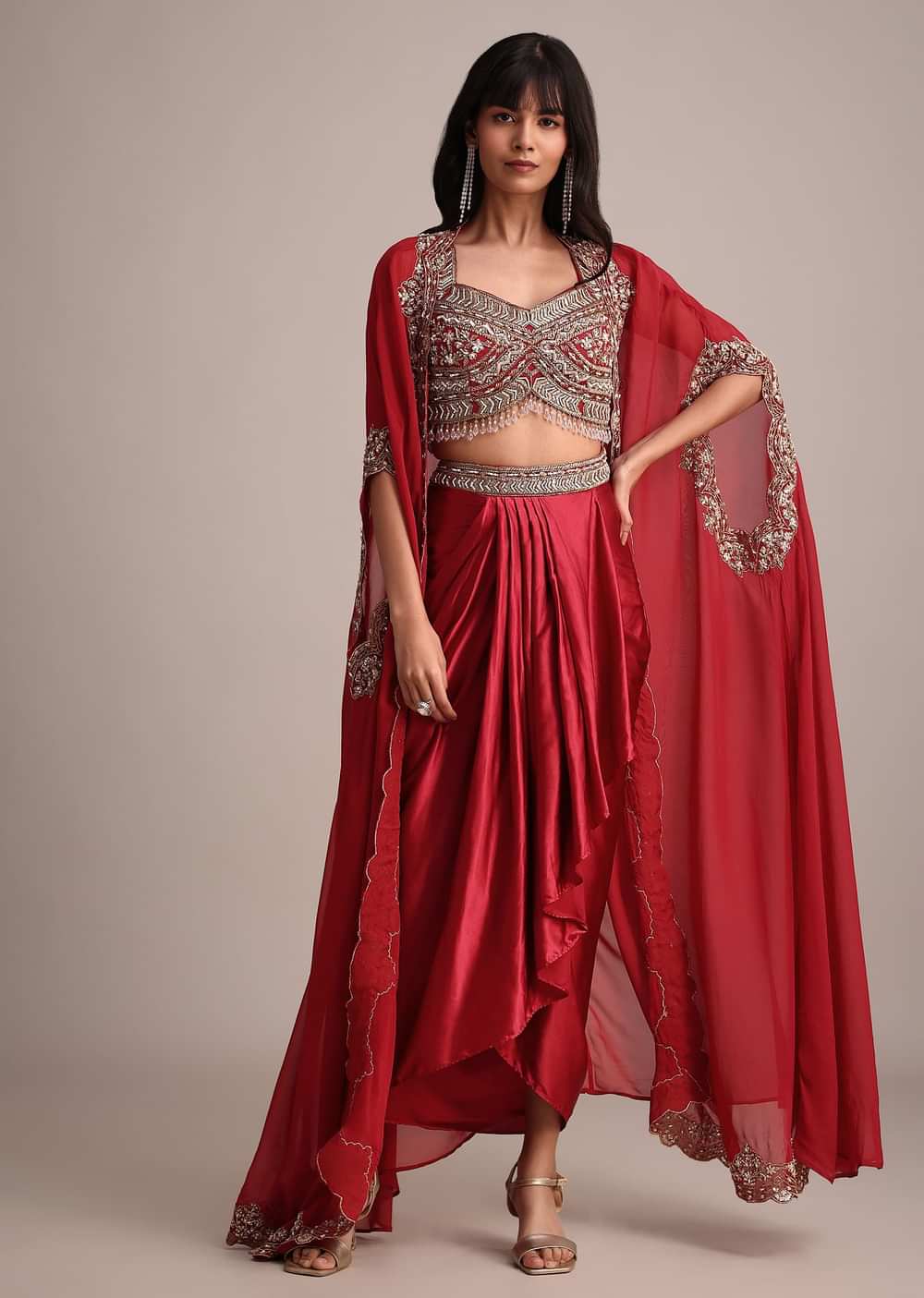 Maroon Embroidered Croptop And Pleated Skirt With Organza Jacket