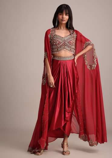 Maroon Embroidered Croptop And Pleated Skirt With Organza Jacket
