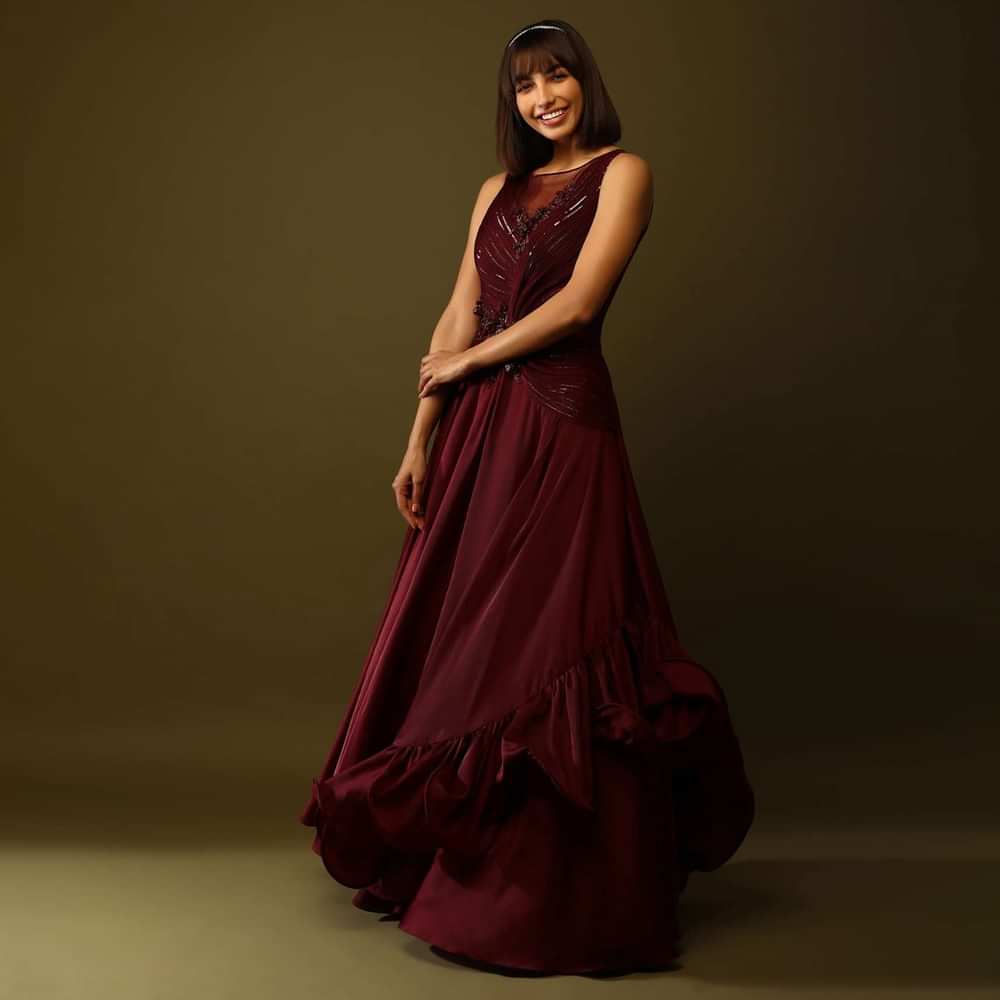 Maroon Gown With Ruched Bodice And Fancy Ruffled Hem