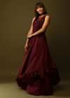Maroon Gown With Ruched Bodice And Fancy Ruffled Hem