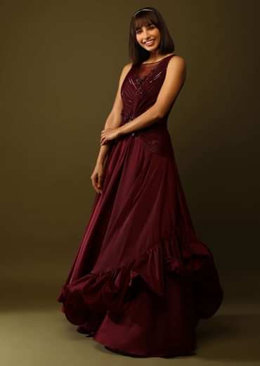 Maroon Gown With Ruched Bodice And Fancy Ruffled Hem
