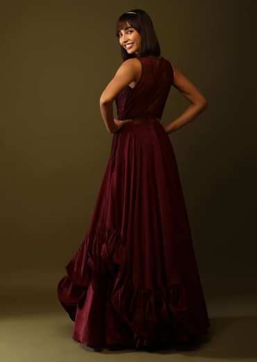 Maroon Gown With Ruched Bodice And Fancy Ruffled Hem