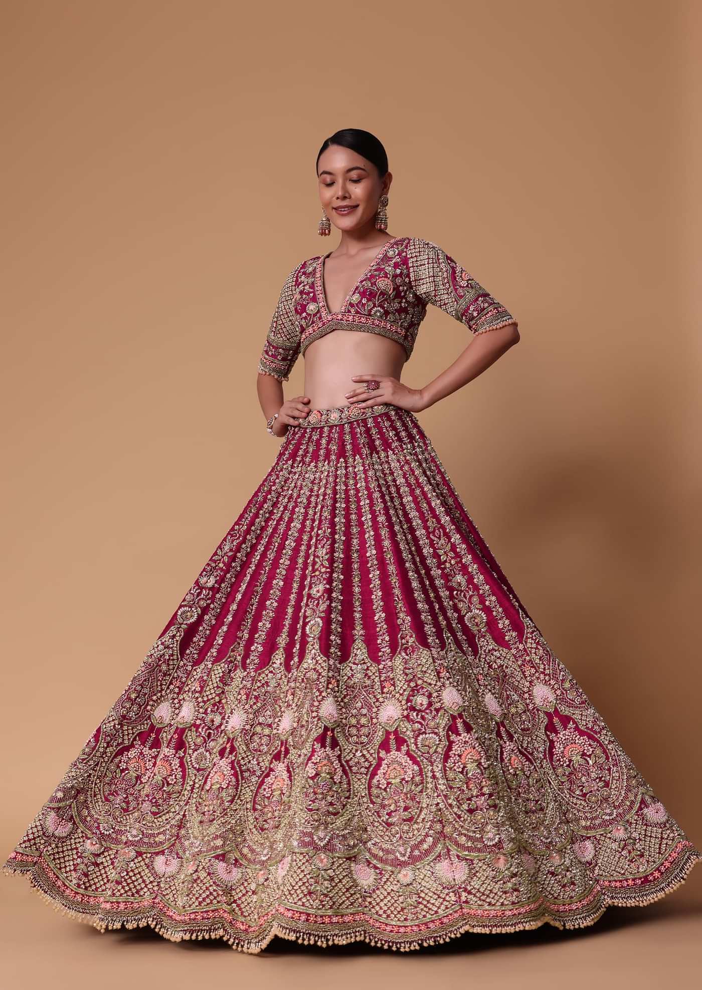 Maroon Raw Silk 16 Kali Zardozi Lehenga Set With Two Dupattas