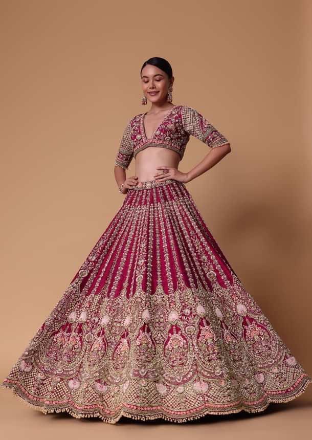 Maroon Raw Silk 16 Kali Zardozi Lehenga Set With Two Dupattas