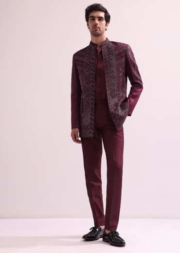 Maroon Linen Satin Hand Embroidered Open Bandhgala With Shirt And Pant