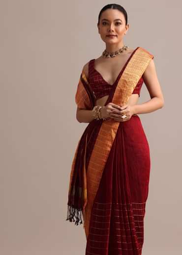 Maroon Linen Woven Saree With Zari Border And Unstitched Blouse
