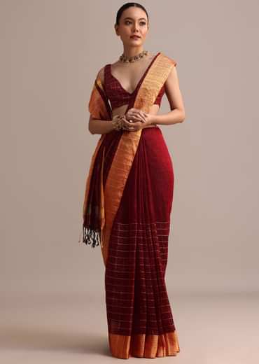 Maroon Linen Woven Saree With Zari Border And Unstitched Blouse