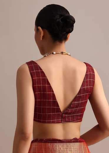 Maroon Linen Woven Saree With Zari Border And Unstitched Blouse