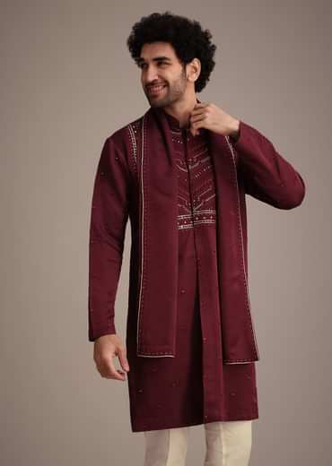 Maroon Mirror Embroidered Kurta Set With Dupatta