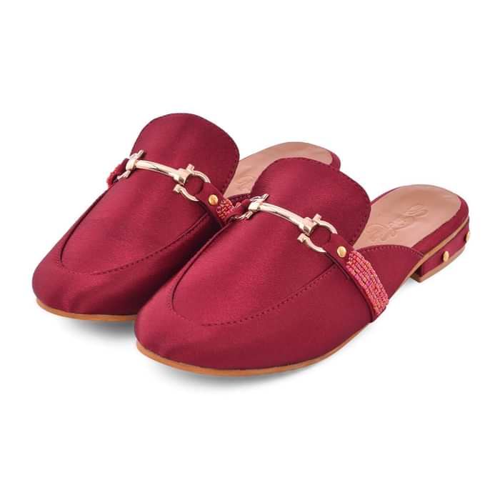 Maroon Mules In Satin With Cream Beaded Embroidery