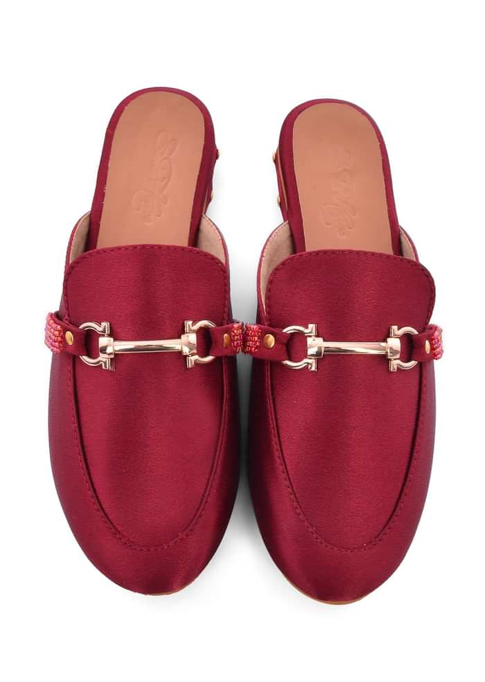 Maroon Mules In Satin With Cream Beaded Embroidery