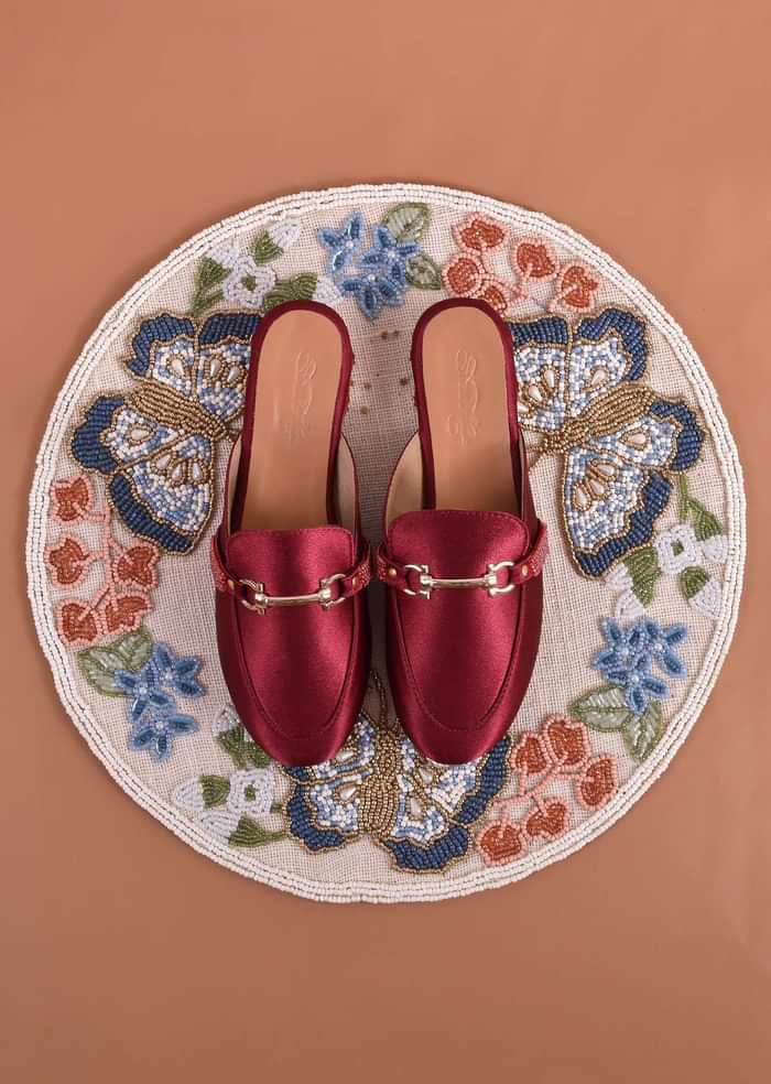 Maroon Mules In Satin With Cream Beaded Embroidery