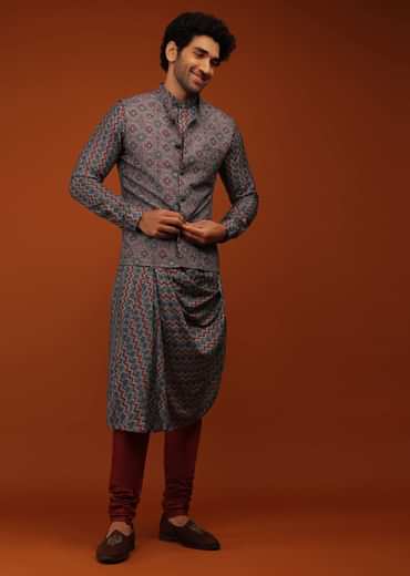 Maroon Nehru Jacket And Kurta Set In Ajrak And Chevron Print, Matching Print Kurta In Full Sleeves