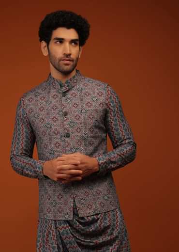 Maroon Nehru Jacket And Kurta Set In Ajrak And Chevron Print, Matching Print Kurta In Full Sleeves