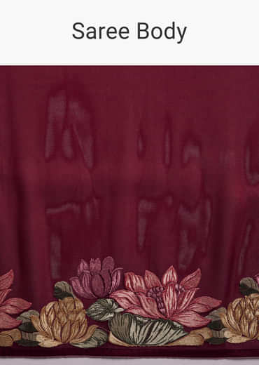 Maroon Organza Silk Saree With Floral Embroidery And Cutwork Maroon Organza Silk Saree With Floral Embroidery And Cutwork