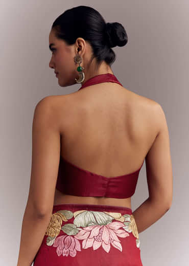 Maroon Organza Silk Saree With Floral Embroidery And Cutwork Maroon Organza Silk Saree With Floral Embroidery And Cutwork