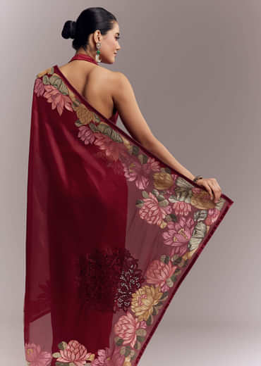 Maroon Organza Silk Saree With Floral Embroidery And Cutwork Maroon Organza Silk Saree With Floral Embroidery And Cutwork