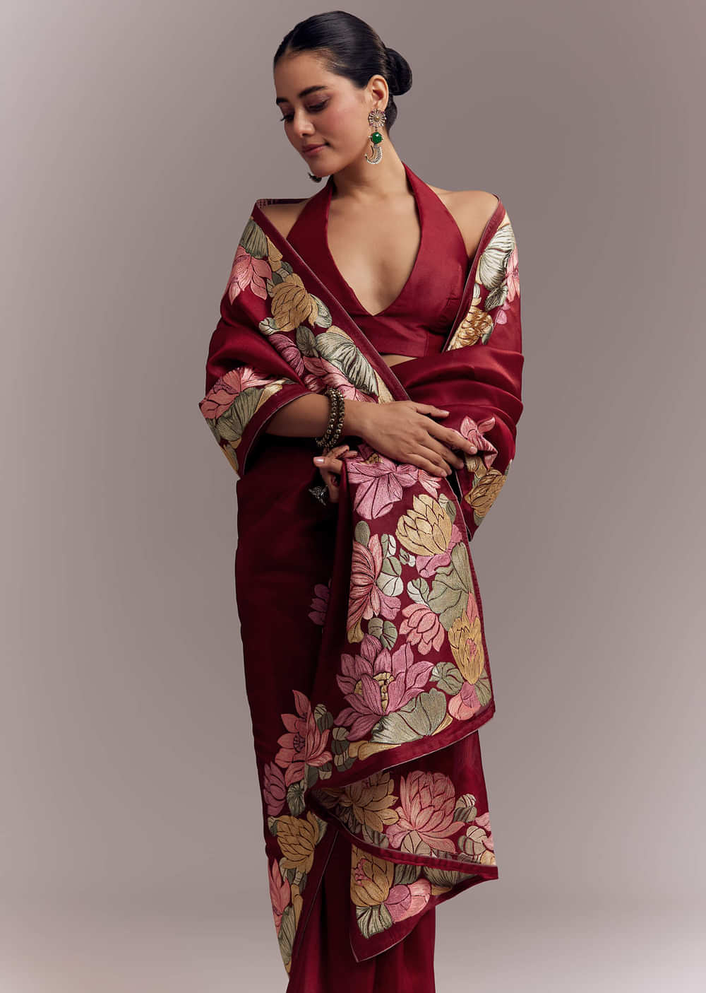 Maroon Organza Silk Saree With Floral Embroidery And Cutwork