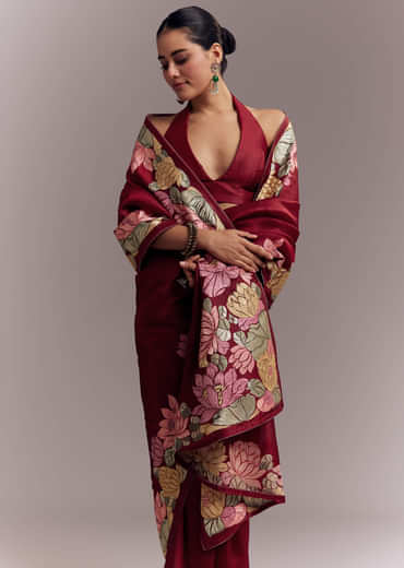 Maroon Organza Silk Saree With Floral Embroidery And Cutwork Maroon Organza Silk Saree With Floral Embroidery And Cutwork