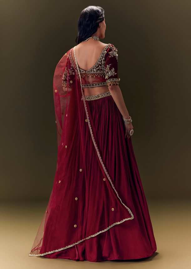 Maroon Crepe Velvet Lehenga Set With Cross Body Blouse