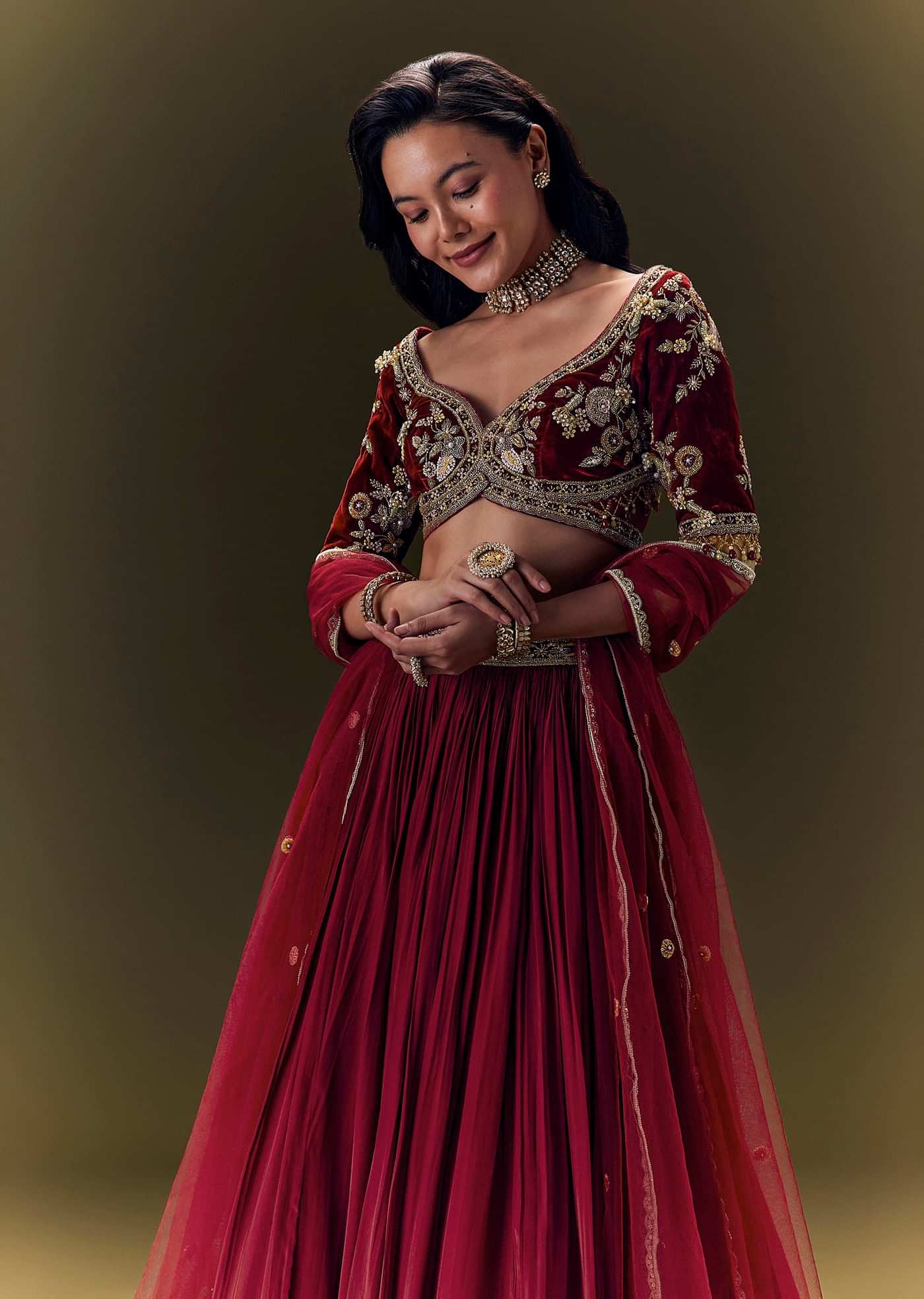 Maroon Crepe Velvet Lehenga Set With Cross Body Blouse