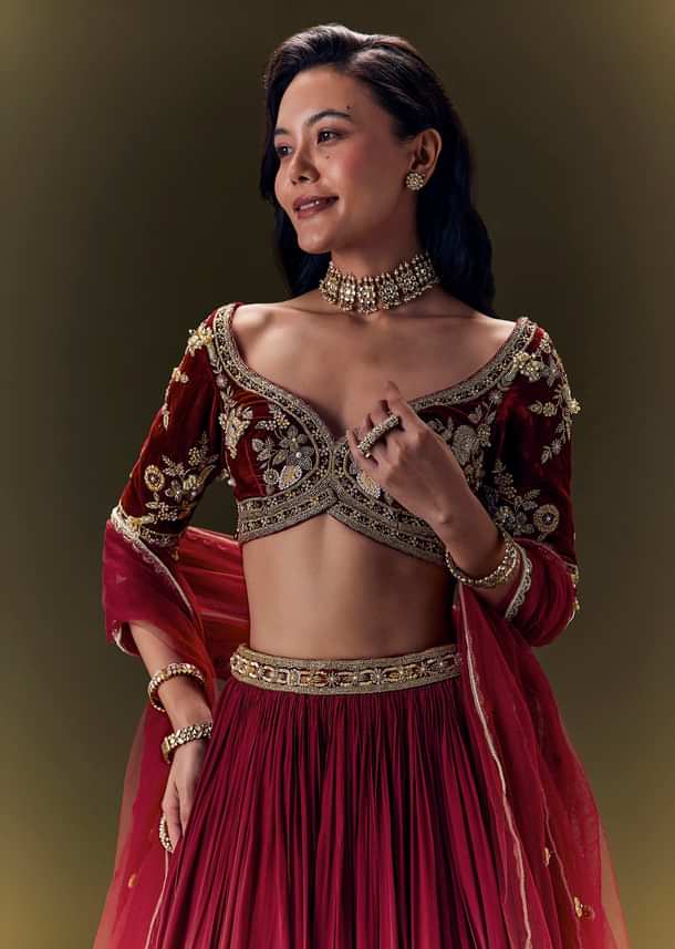 Maroon Crepe Velvet Lehenga Set With Cross Body Blouse