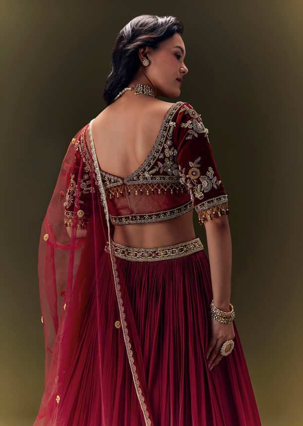 Maroon Crepe Velvet Lehenga Set With Cross Body Blouse