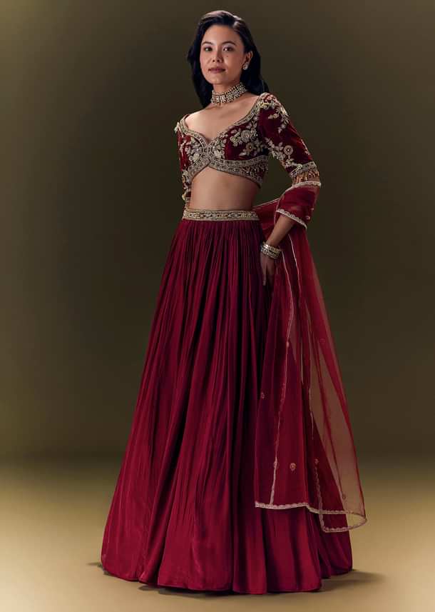 Maroon Crepe Velvet Lehenga Set With Cross Body Blouse