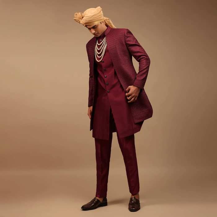 Maroon Raw Silk Sherwani With Golden Sequins