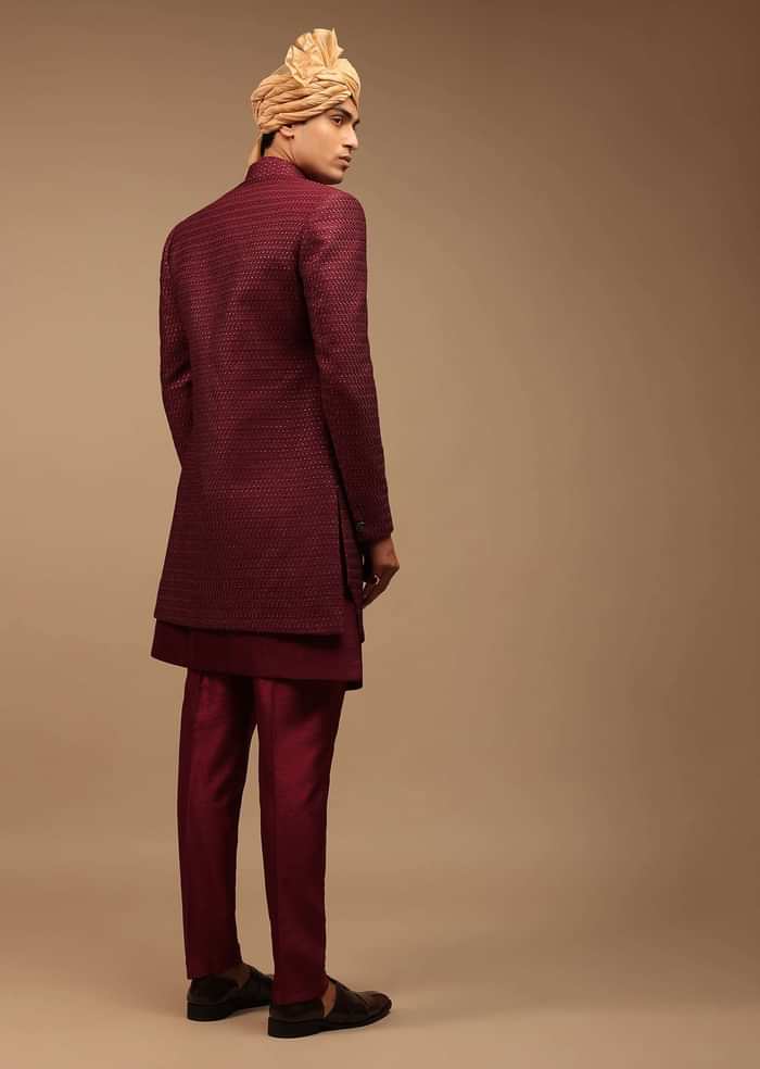 Maroon Raw Silk Sherwani With Golden Sequins