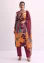 Maroon Red Abstract Floral Print Kurti Pant Set With Dupatta