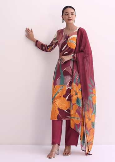 Maroon Red Abstract Floral Print Kurti Pant Set With Dupatta