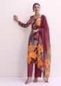 Maroon Red Abstract Floral Print Kurti Pant Set With Dupatta