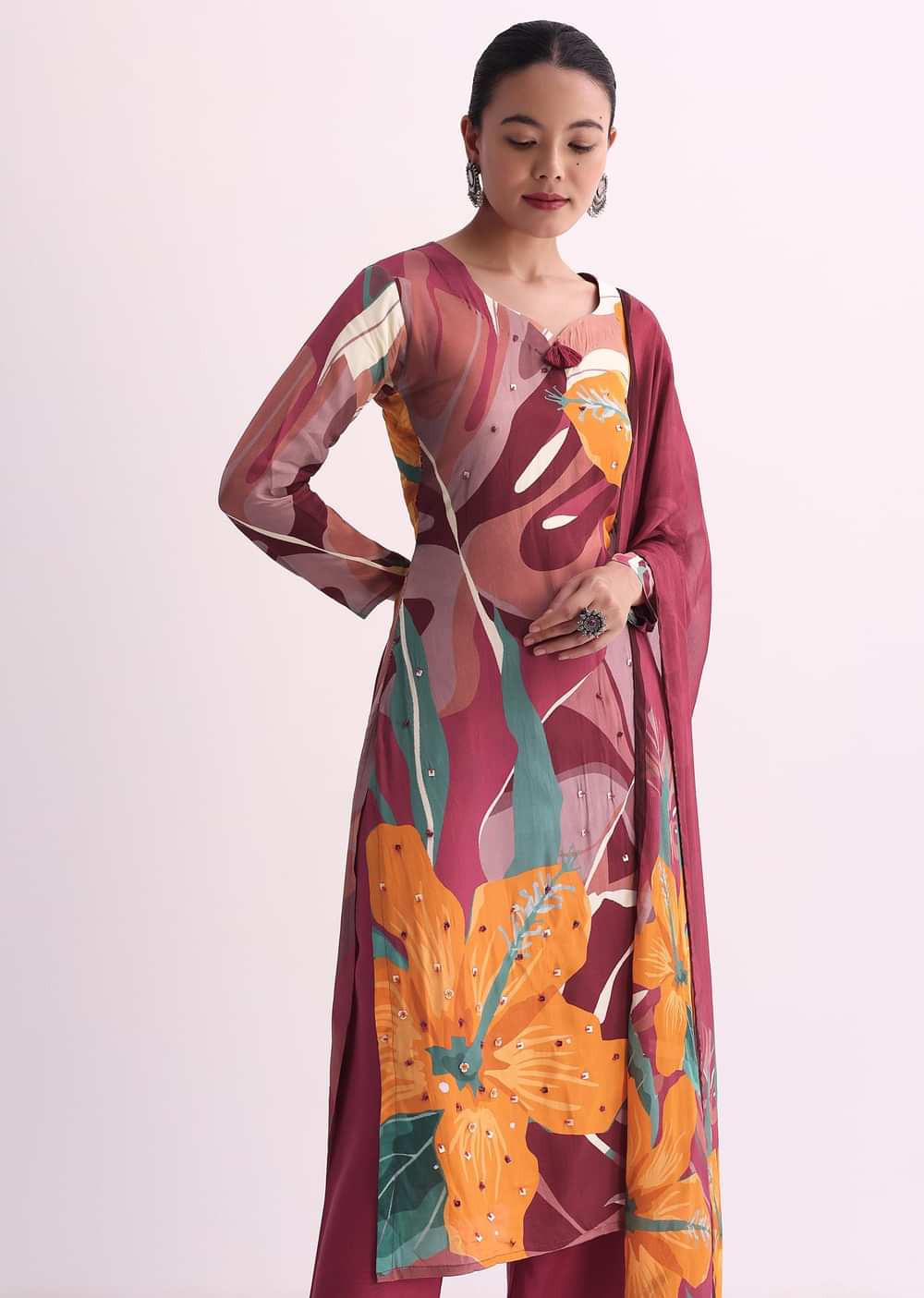 Maroon Red Abstract Floral Print Kurti Pant Set With Dupatta