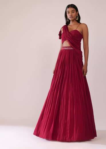 Maroon Red Chiffon Lehenga Blouse Set With One Side Shoulder Drape