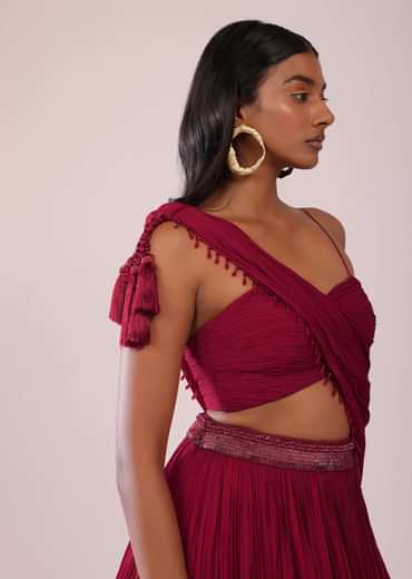 Maroon Red Chiffon Lehenga Blouse Set With One Side Shoulder Drape