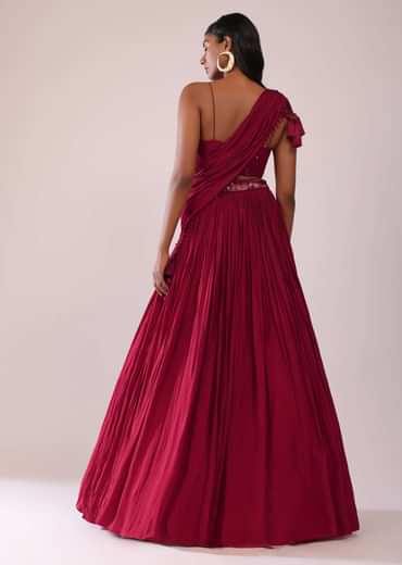 Maroon Red Chiffon Lehenga Blouse Set With One Side Shoulder Drape