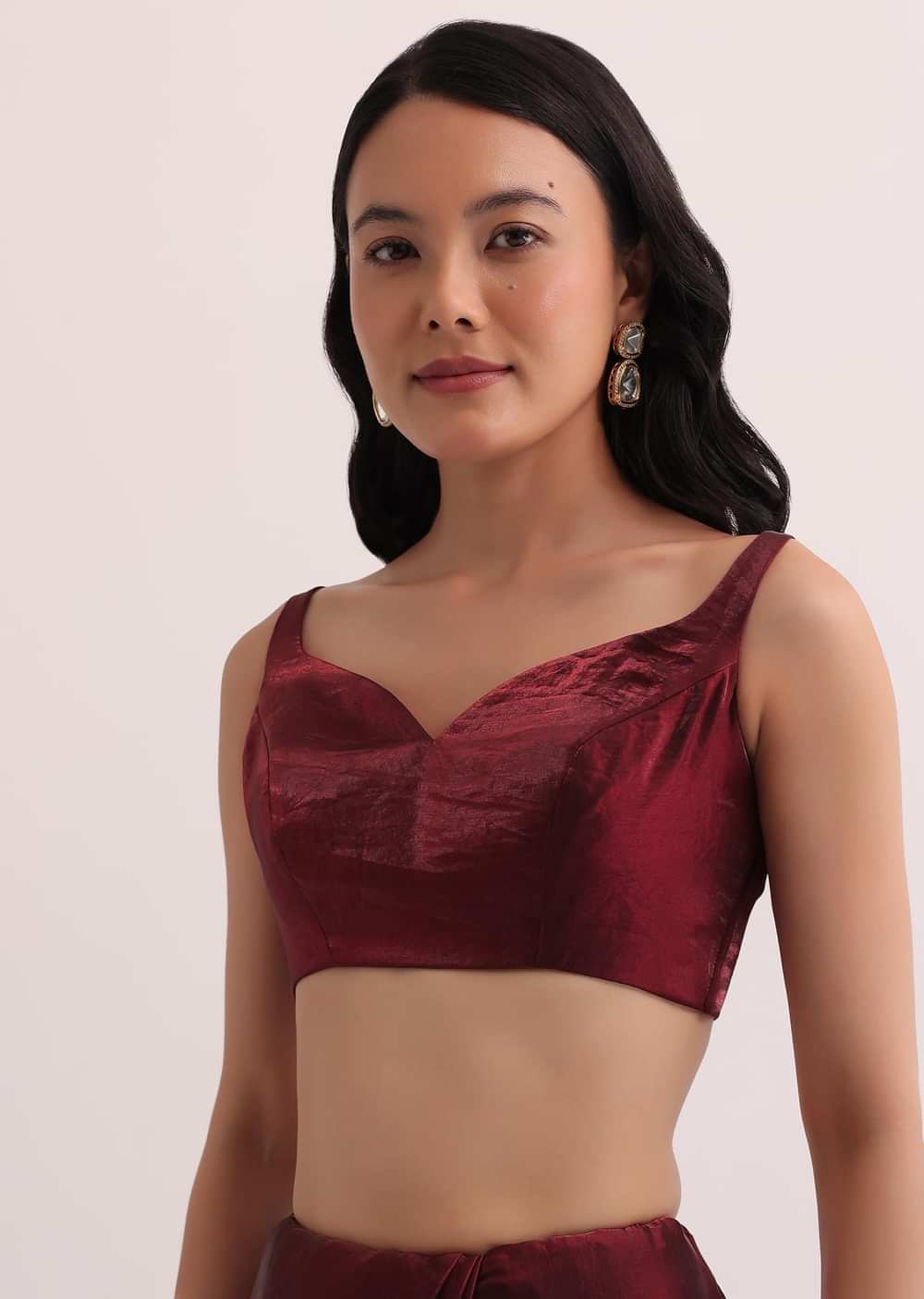 Maroon Red Organza Saree With Scalloped Border