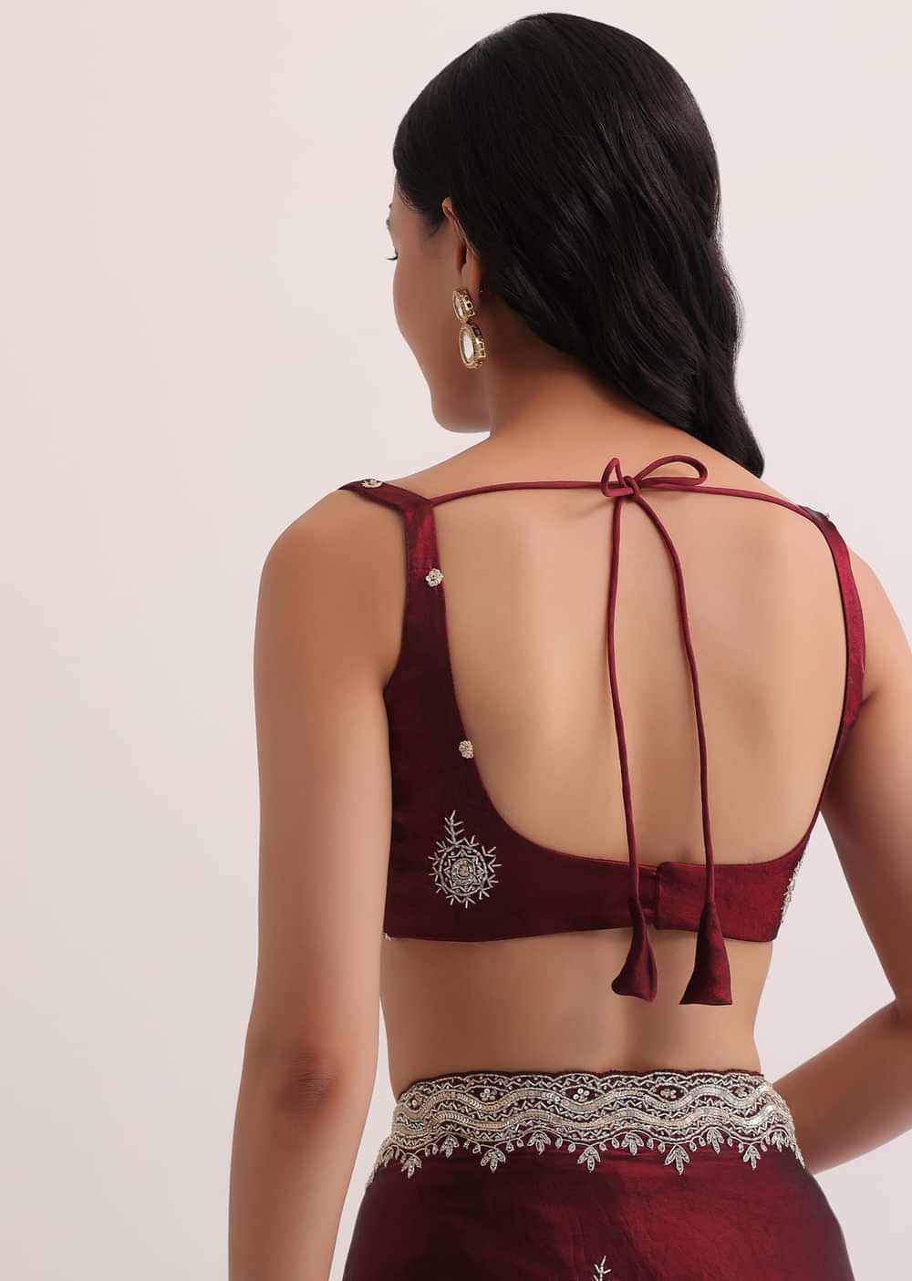 Maroon Red Organza Saree With Scalloped Border