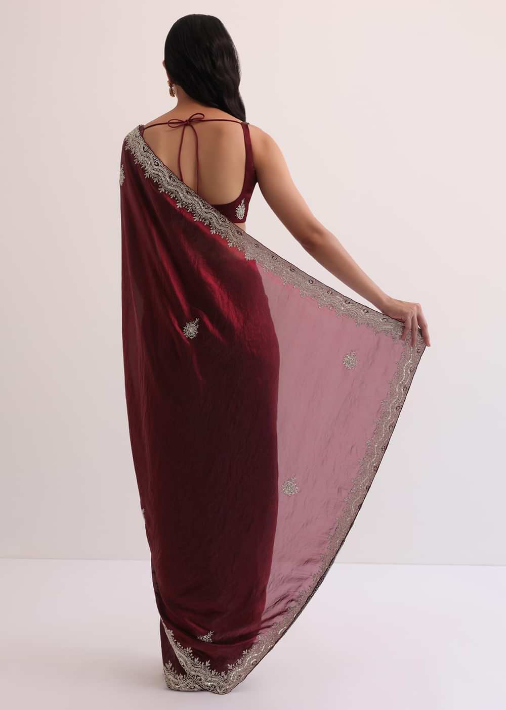 Maroon Red Organza Saree With Scalloped Border