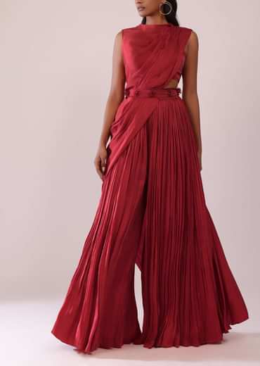 Maroon Red Satin Rushing Palazzo And Bustier Set With Draped Cape