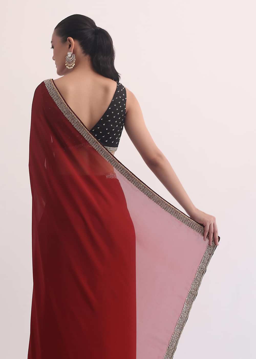 Maroon Red Satin Saree In Stone Embroidery With Unstitched Blouse