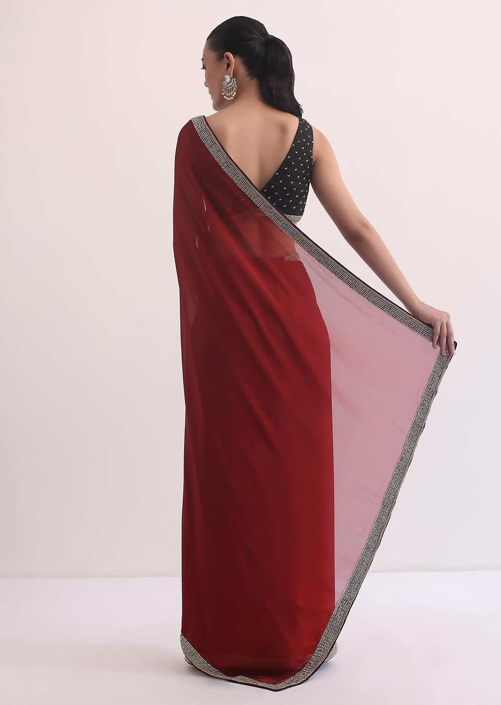 Maroon Red Satin Saree In Stone Embroidery With Unstitched Blouse