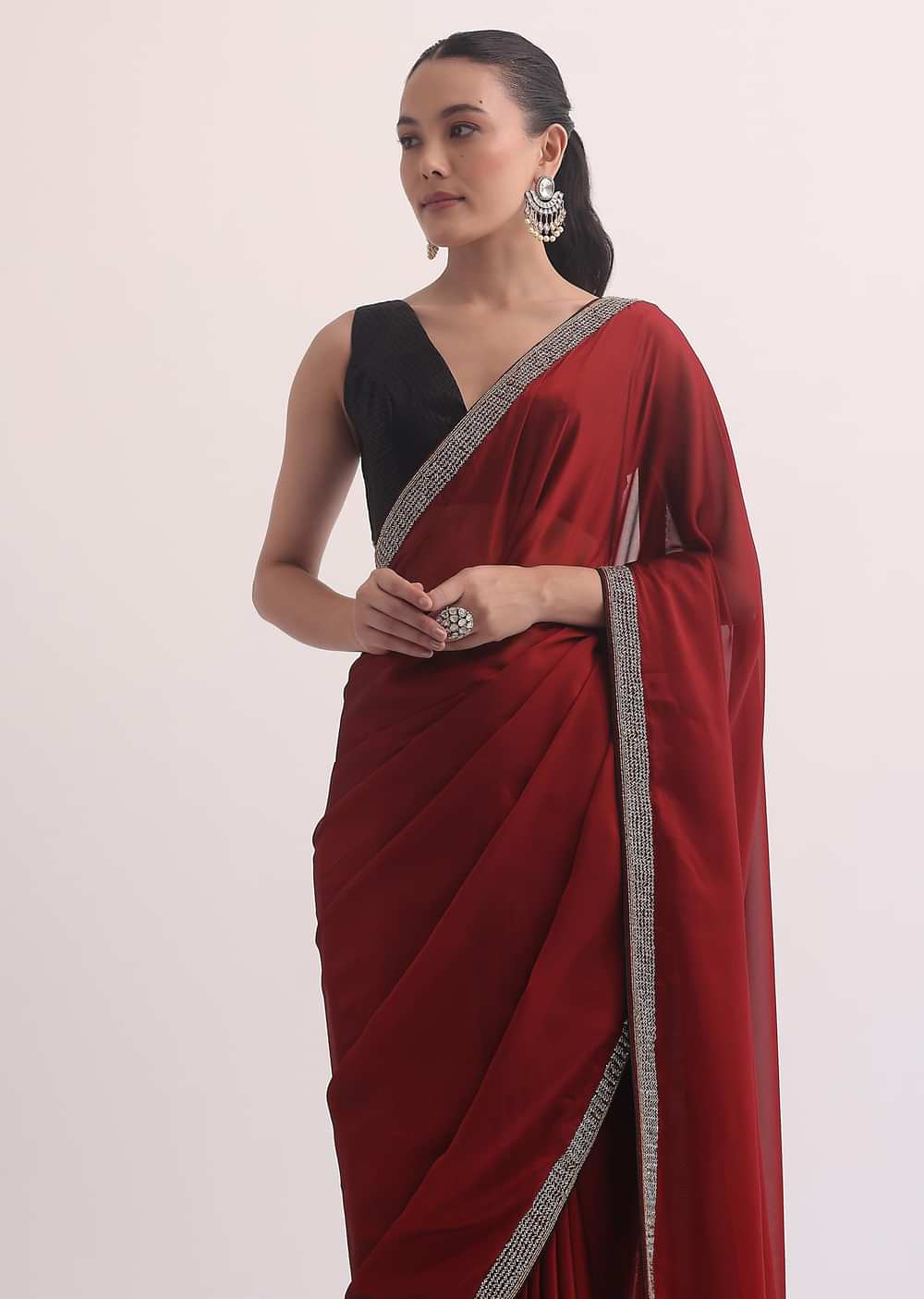 Maroon Red Satin Saree In Stone Embroidery With Unstitched Blouse