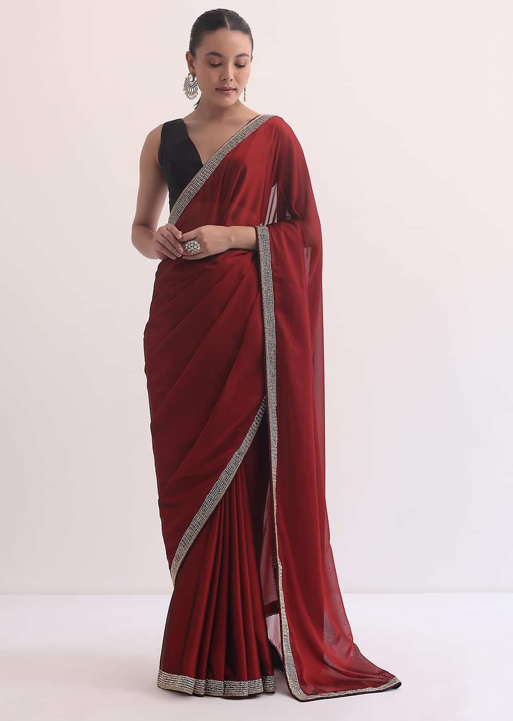 Maroon Red Satin Saree In Stone Embroidery With Unstitched Blouse