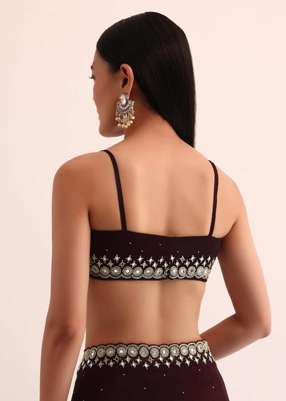 Maroon Red Satin Saree With Mirror Embroidery And Unstitched Blouse