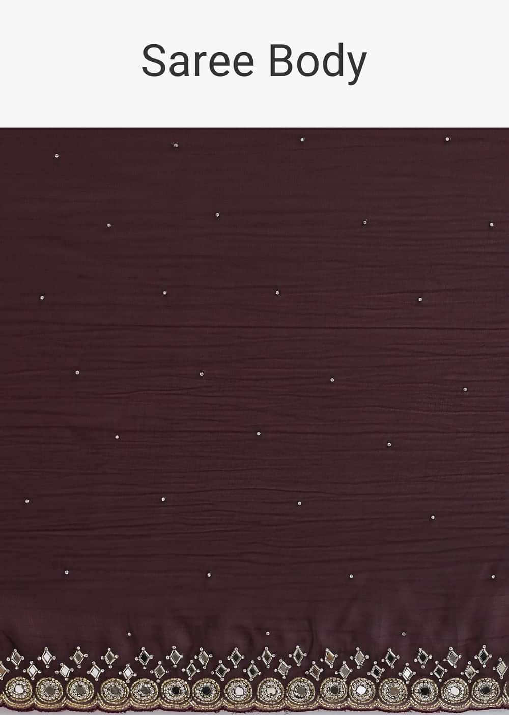 Maroon Red Satin Saree With Mirror Embroidery And Unstitched Blouse