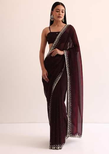 Maroon Red Satin Saree With Mirror Embroidery And Unstitched Blouse