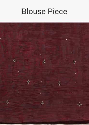 Maroon Red Satin Saree With Mirror Embroidery And Unstitched Blouse