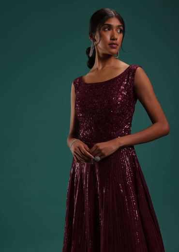 Maroon Red Sequins Embellished Gown In Georgette